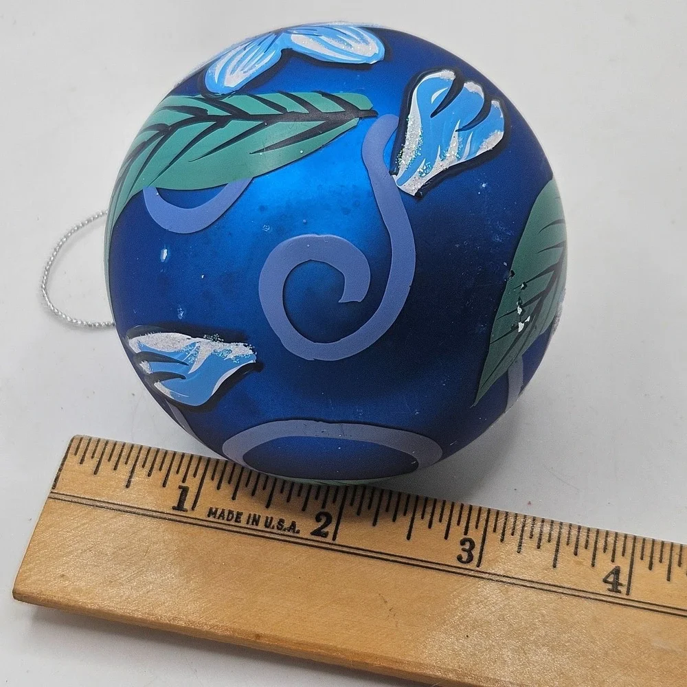 Vintage Blue Hand Painted Glass Christmas Ball Ornament Floral Glitter
